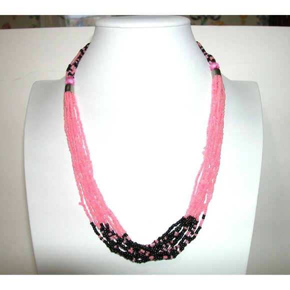 Handmade Multi-Strand Pink & Black Beaded Necklace With Metal Clasp Closure5 blk - Picture 1 of 4